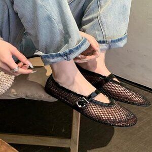 🩰 RAGEFIVE Women's Mesh Ballet Flats – Black Mesh & Patent – Size 8